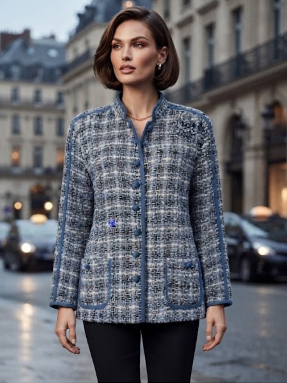 Vintage Carole Little Silk Tweed Jacket Blazer Blue Trim Plus 1X